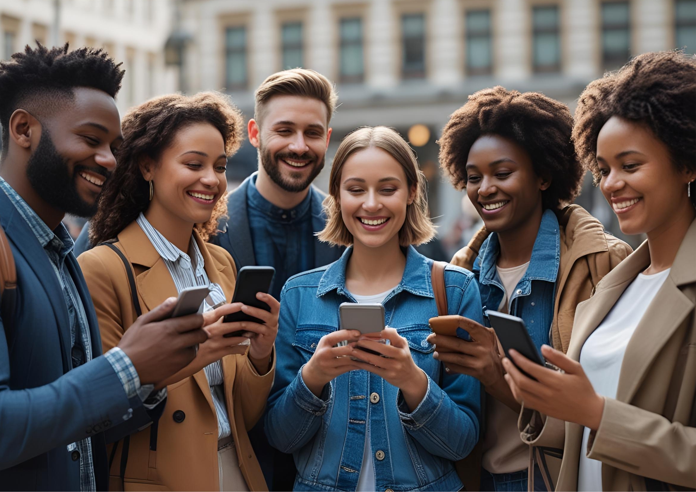A group of people happily interacting and forming a community.