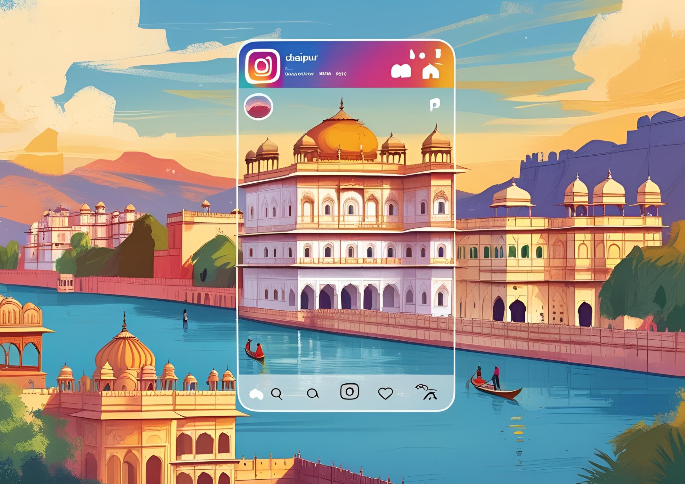 A vibrant montage of Udaipur's landmarks with an Instagram interface overlay