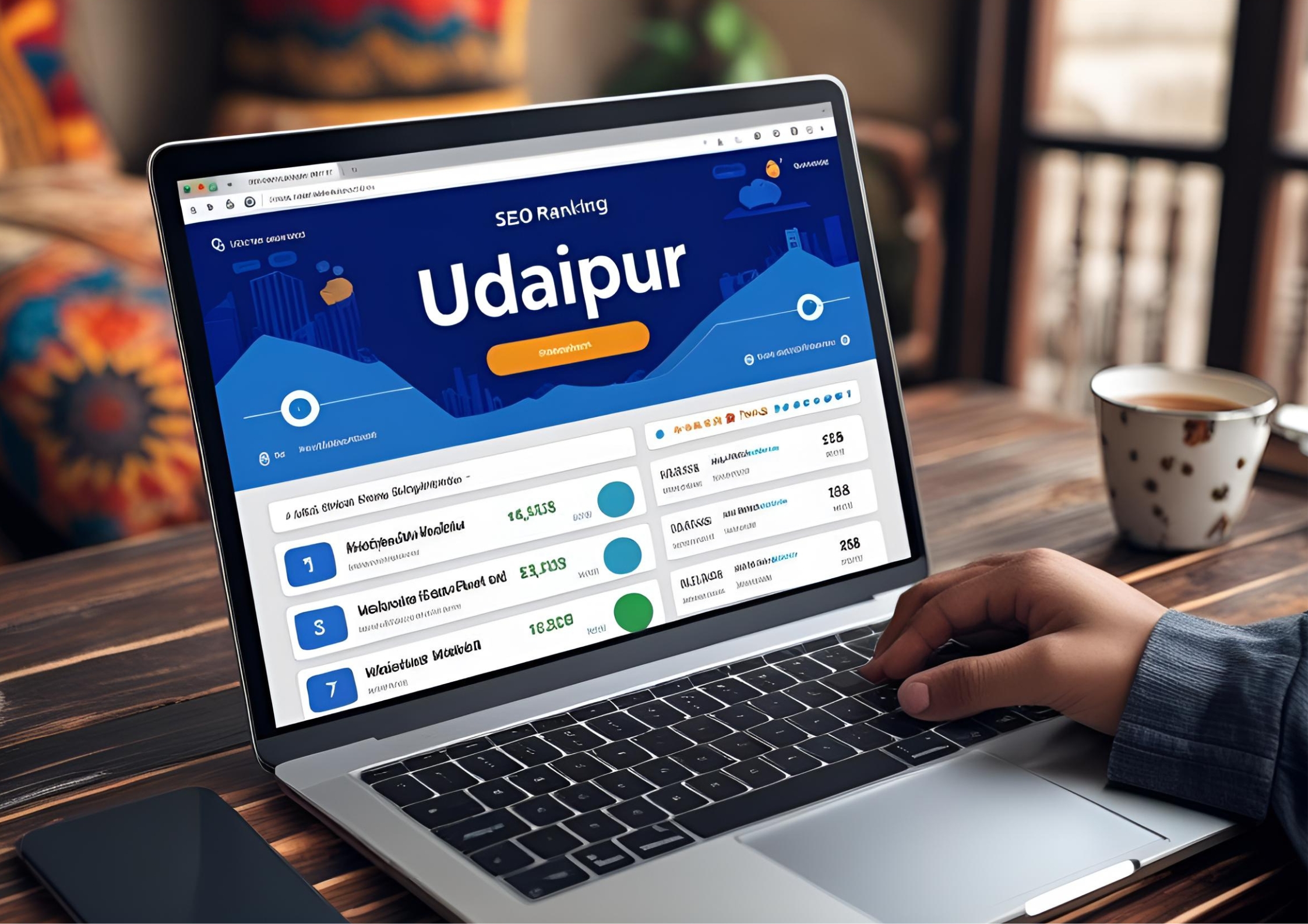 A laptop showing SEO ranking results for Udaipur